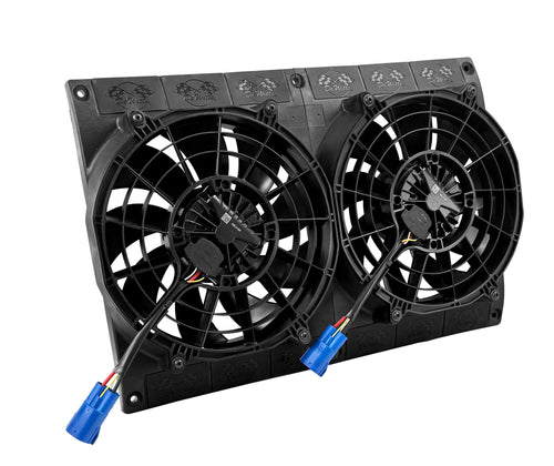 Double-fan cooling system with black fans and blue connectors on a white background